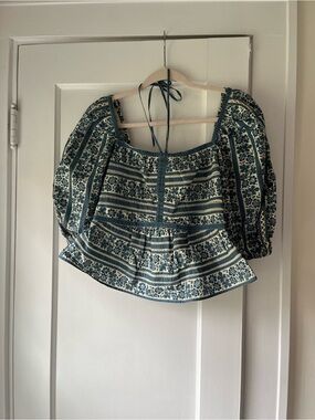Sea New York Blue and Cream Floral Peasant Blouse